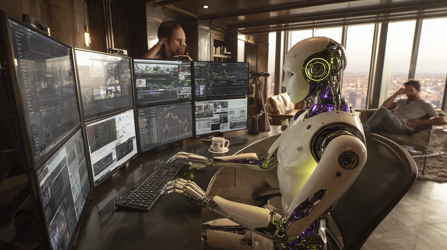 A sleek, friendly humanoid robot representing AI-powered search