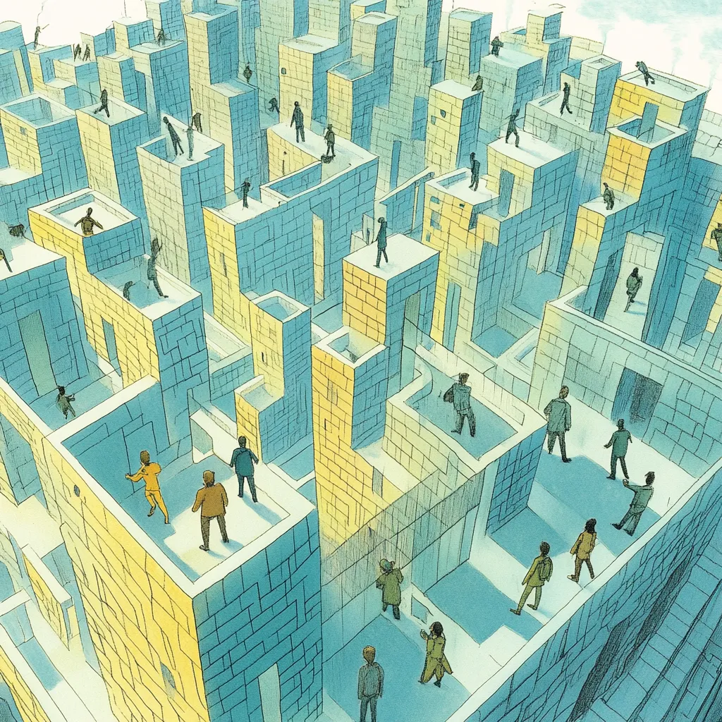 Abstract illustration of people navigating a complex city